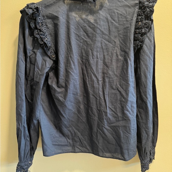 Sezane Celina Organic Cotton Blouse Top Navy Ruffled Size 34 XS 2 - Picture 5 of 6